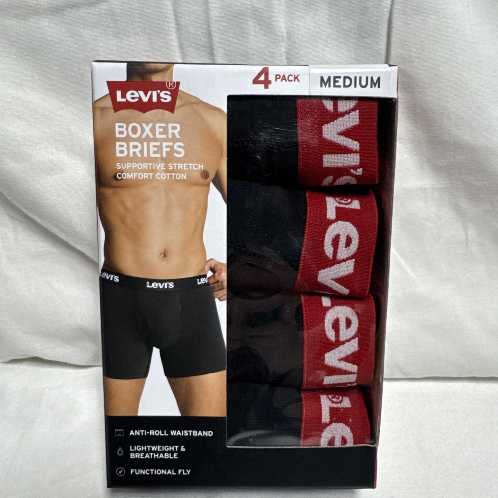 Levi's Mens Boxer Briefs Cotton Stretch Black with Red Waist 4-Pack Size Medium